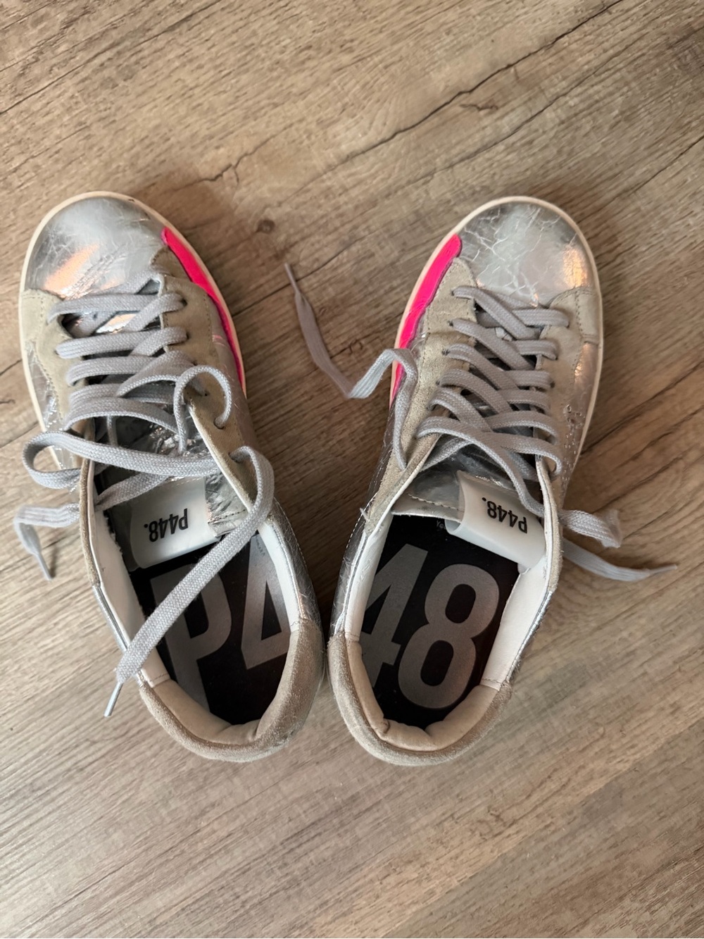 P448 Silver Metallic Sneakers with Pink Accent